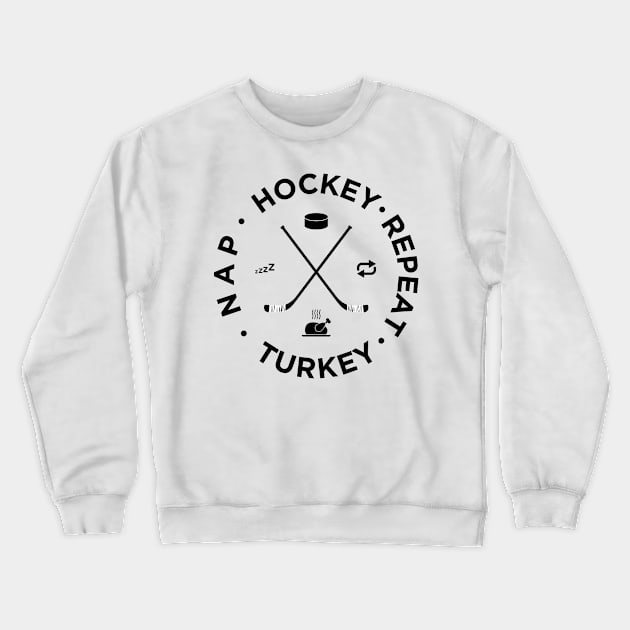 Hockey Turkey Nap Repeat Funny Thanksgiving Crewneck Sweatshirt by teeleoshirts